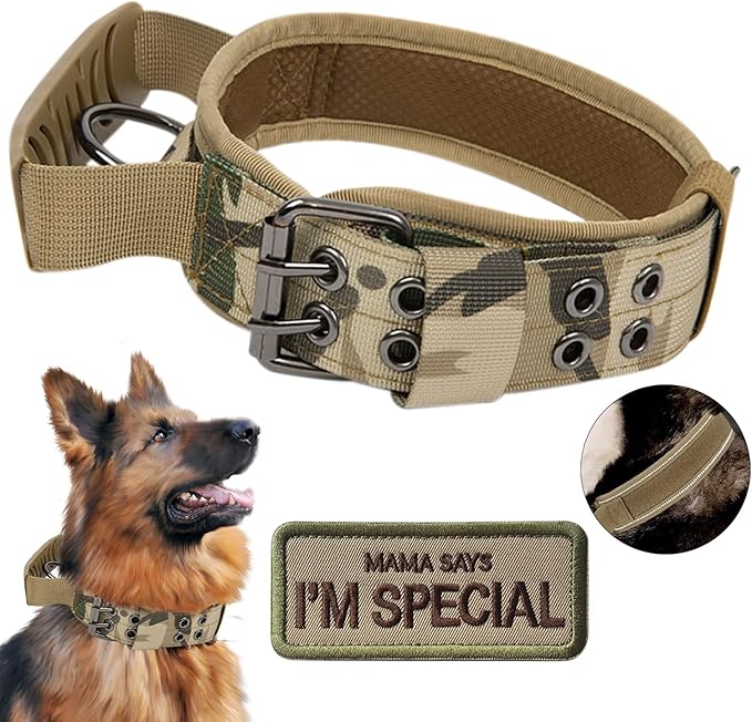 Tactical Dog Collar with Handle - Military Adjustable Dog Training Collar Soft Nylon and Heavy Duty Metal Buckle for Medium Large Dogs - with Patch (Camo with Patch, Medium)
