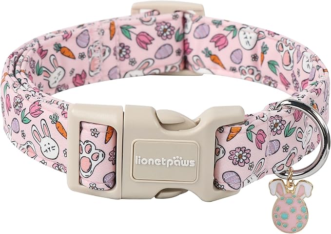 Lionet Paws Easter Dog Collar- Cute Rabbit Purple Eggs Pink Dog Collars with Plastic Buckle, Light Adjustable Dog Collars with Egg Pendant for Small Dogs