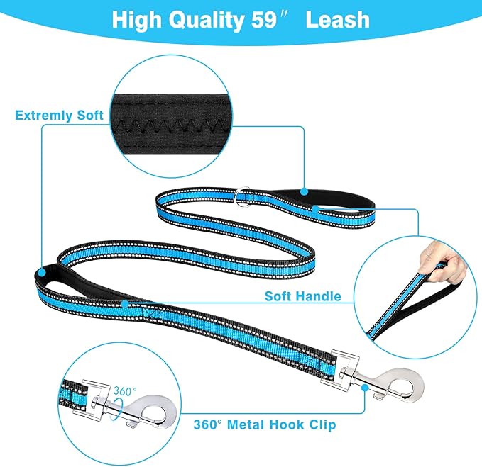 WINSEE Pet Harness Collar and Leash Set, All-in-one Reflective Dog Harness No Pull with Adjustable Buckles for Puppies, Small, Medium, Large, and Extra-Large Dogs (Medium, Blue)