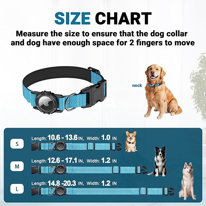IP68 Waterproof AirTag Dog Collar – Heavy Duty Reflective Padded Design with Integrated AirTag Holder for Small, Medium & Large Dogs – Comfortable & Durable, Size M (12.6"-17.1"), Blue