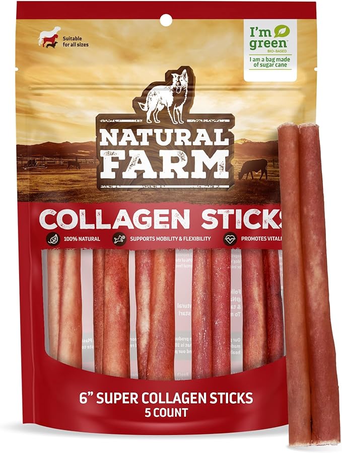 Natural Farm Odor-Free Super Collagen Dog Chews (6-Inch, 5-Pack) The First Ever Real Bull Sticks Alternative: 100% Natural Angus Hide Collagen Treats - More Protein, More Chew Time for All Dogs