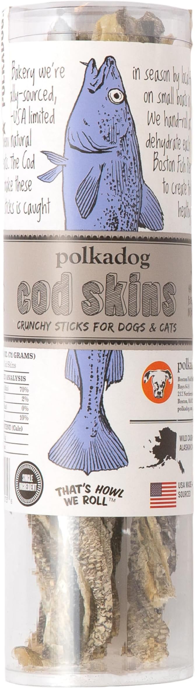 Polkadog Cod Skins Dog Treat - Lean Protein, Made in USA, Single-Ingredient, Grain & Gluten Free, for All Breeds - Crunchy Fish Skin Treat for Teeth Health, 2.5oz Regular