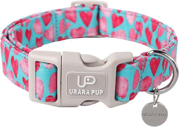 Pink Heart Dog Collar, Valentine's Gift for Puppy Small Medium Dogs, Adjustable Size, Cotton Material, Unique Design