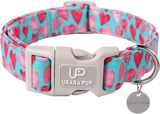Pink Heart Dog Collar, Valentine's Gift for Puppy Small Medium Dogs, Adjustable Size, Cotton Material, Unique Design