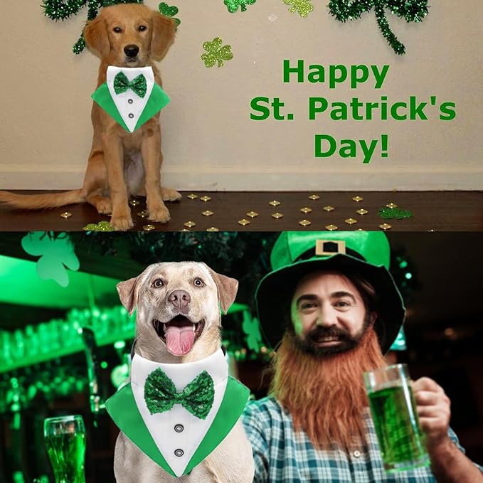 St.Patrick's Day Dog Tuxedo Bandanas Costume Pet Green Irish Outfits Adjustable Saint Patrick's Day Dog Scarf Bow Tie Collar for Large Dogs Cats Cosplay Party Dress Doggie Bibs (Grenn, Small)