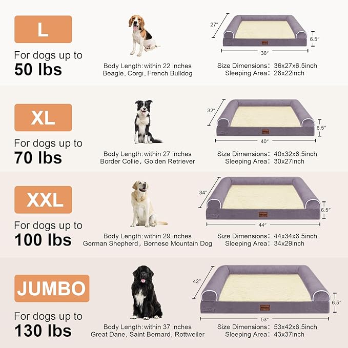 Large Dog Bed Orthopedic Washable: Beds Bolster XXL Bed Big XLarge Dogs Egg Crate Foam Sofa Couch Waterproof Removable Cover - Purple