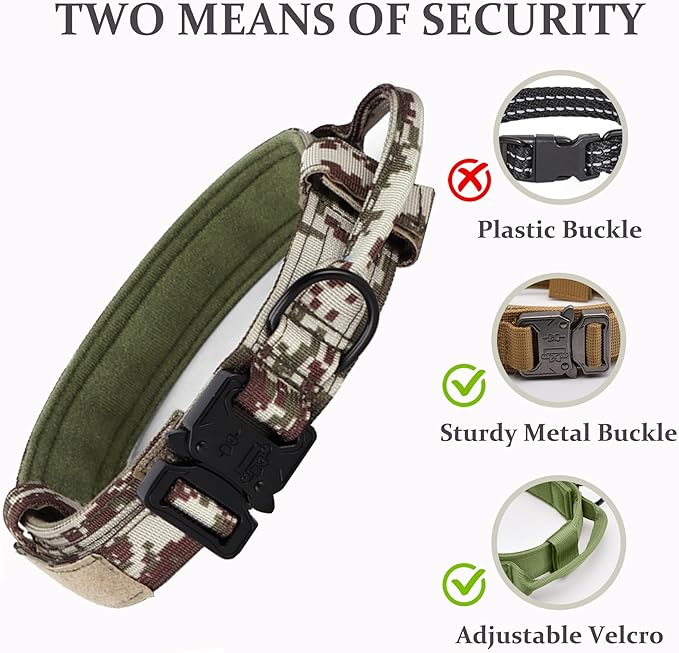 Tactical Dog Collar, Adjustable Military Training Nylon Dog Collar with Control Handle and Heavy Quick-Release Metal Buckle for Small Medium Large Dogs, Camo M