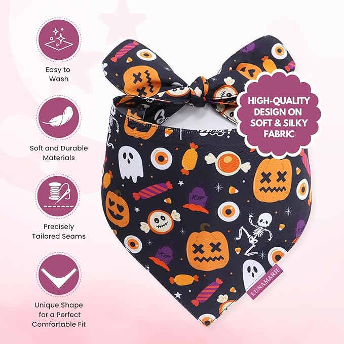 Luxury Cat and Dog Bandanas - Halloween Designs | Premium Silky Poly Fabric | 100% Handmade Custom Shape Dual Layered Small, Medium, Large Cat Scarf (Trick-Or-Treat, Medium)