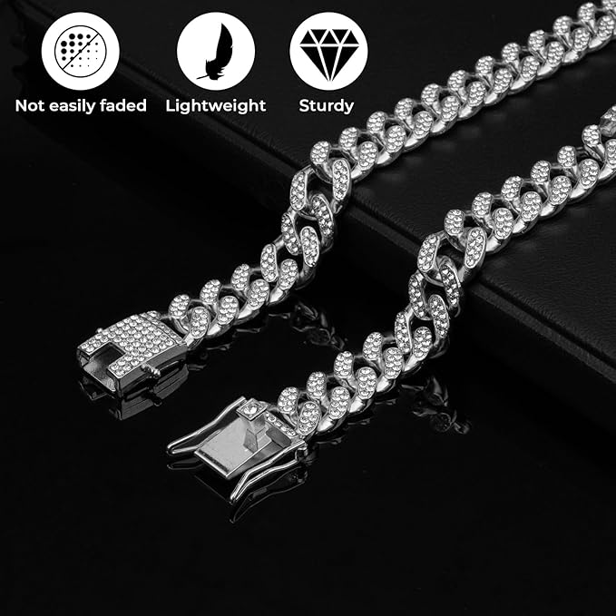 Dog Chain Collar Silver Dog Necklace Diamond Cuban Link Dog Collar 13mm Wide Metal Pet Cat Dog Chain Crystal Collar Jewelry Accessories for Large Medium Small Dogs Cats(Silver,24 Inch)