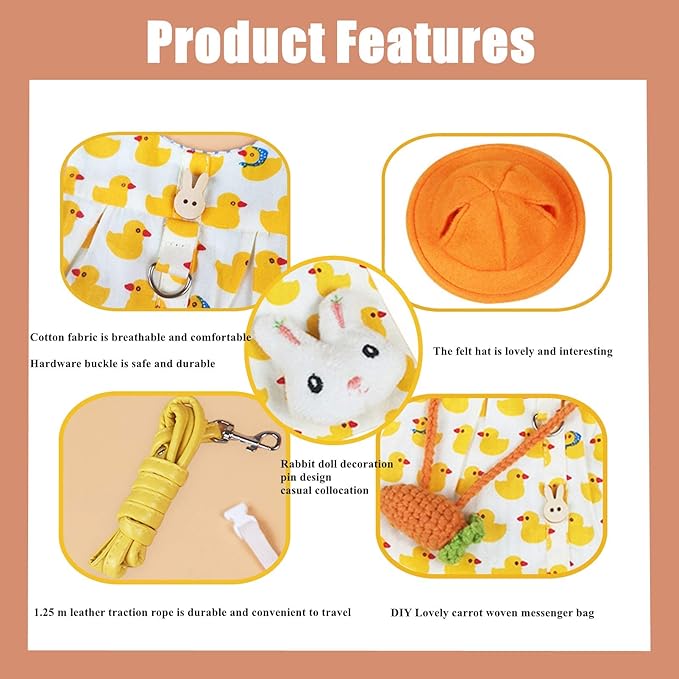 Guinea Pig Clothes,Soft Bunny Ferret Clothes with Pet Rabbit Harness and Leash Mini Hat Bag Cute Brooch for Kitten Small Animal Collars