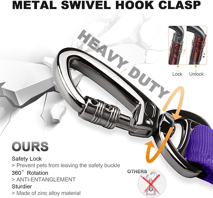 Tactical Dog Collar and Bungee Leash Set, Adjustable Military Training Nylon Dog Collar with Controll Handle and Heavy Metal Buckle,with USA American Flag, Patches and Airtags Case (Purple, XL)