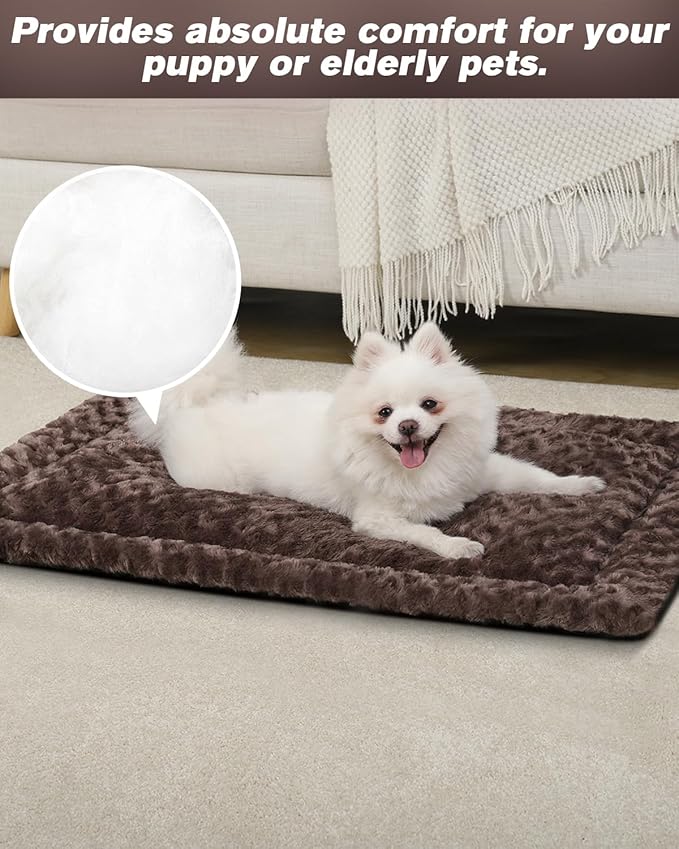 Washable Dog Bed Mat Reversible Dog Crate Pad Soft Fluffy Pet Kennel Beds Dog Sleeping Mattress for Large Jumbo Medium Small Dogs, 41 x 27 Inch, Brown