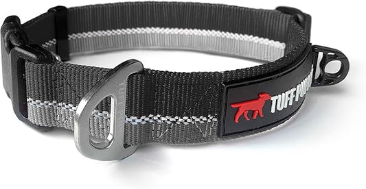 Tuff Pupper Heavy Duty Dog Collar | Reflective with Aluminum D-Ring Leash Clip | Separate Dog ID Tag Attachment | Easy Sizing for All Breeds