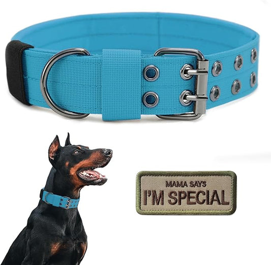 Tactical Dog Collar Military Adjustable Dog Collars Soft Nylon K9 Training Collar with Patch Heavy Duty Metal Buckle Collars for Medium Large Dogs (Blue, L)