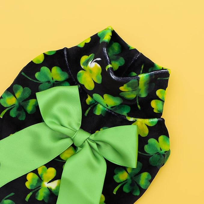CuteBone Turtleneck Dog Velvet Dress St. Patrick's Day Four Leaf Clover Puppy Skirt Costume Pet Clothes Cat Apparel with Bow Hair Rope for Small Dogs CVD20XS