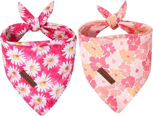 Unique Style Paws Dog Spring Bandanas 2Pcs Washable Cotton Triangle Summer Rose Daisy Flower Puppy Scarfs for Small Medium Large Dogs and Cats