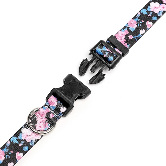 Adjustable Dog Collar with Patterns, Ultra Comfy Soft Nylon Breathable Pet Collar for Small Medium Large Dogs (M, Pink Blue Flower)