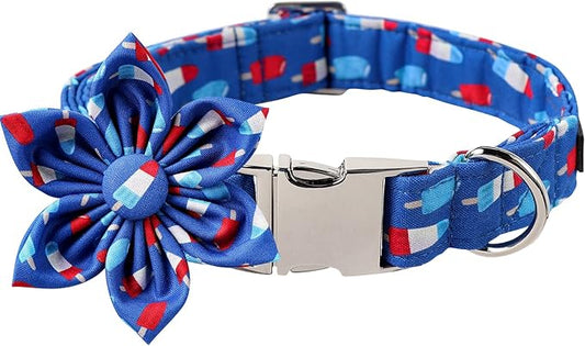 Lionet Paws Patriotic Female Dog Collar with Flower, 4th of July, Soft and Comfortable Adjustable Summer Popsicle Collar for Dogs, Medium, Neck 13.5-22 inches