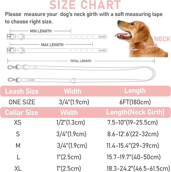 ZALER Dog Collar and Leash Set, Waterproof Adjustable Odor Proof Pet Collars Leashes Easy to Clean, 6FT Dog Leash with 2 Hooks for Large, Medium Small Dogs (M, Pink)