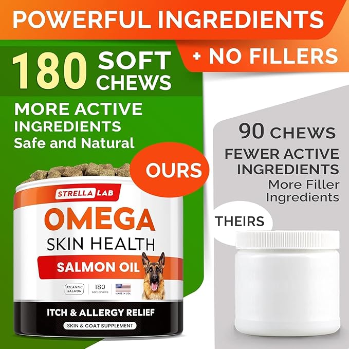 STRELLALAB Omega 3 for Dogs - (180Ct) Fish Oil Treats - Allergy & Itch Relief Skin & Coat Supplement - Dry Itchy Skin, Anti Shedding & Hot Spots Treatment - Pet Salmon Oil Chews - Salmon Flavor