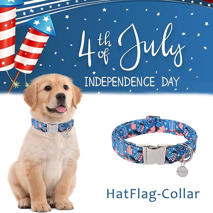 Patriotic Dog Collar, 4th of July Dog Collar, American Flag Collar for Puppy Boy Girl Dog or Cat, Comfortable Summer Collar with Metal Buckle, XS, Neck 8-12in, HatFlag CC