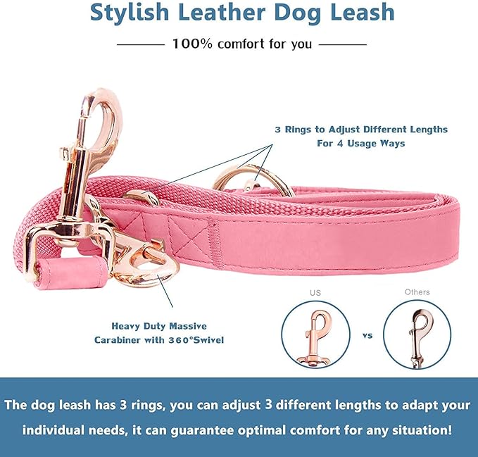 Soft Leather Dog Collar and Leash (6.6') Set - Stylish Rose Gold Heavy Duty Metal Buckle, 4 Adjustable Lengths Leash for Small Medium Large Dogs - Comfortable & Easy to Clean Dark Pink L(15.4"-24.8")
