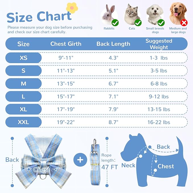 Cute Dog Harness and Leash Set with Bow Tie Soft Mesh Plaid Girl Puppy Harness No Pull Pet Cat Dog Vest Harness for Small Dogs Chihuahua Rabbit Outfit (Blue,S)