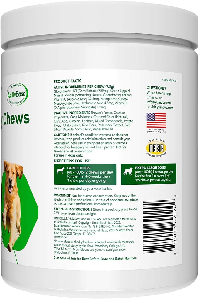 Lintbells YuMOVE Joint Supplement Dog Chews - Contains Glucosamine, Green Lipped Mussel - Natural Relief from Hip Ache, Stiff Joints - 1 Month’s Supply (Large & X-Large)