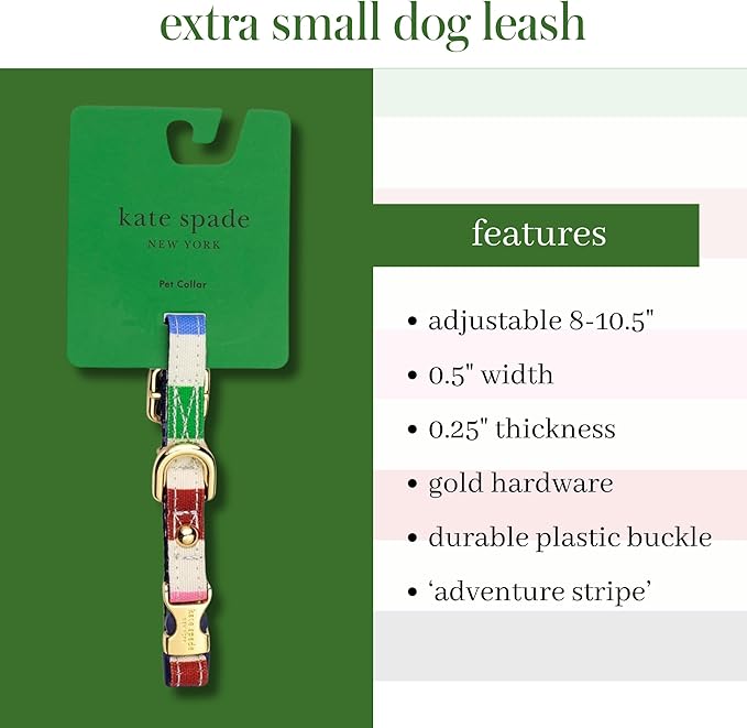 Kate Spade New York Cute Dog Collar with Gold Metal Buckle, Adjustable Collar for Female or Male Extra Small Dogs (Adventure Stripe)