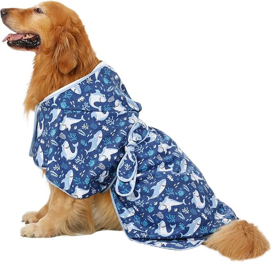 HDE Dog Bathrobe Super Absorbent Quick Drying Towel with Hood for All Dog Breeds Sizes S-XXL - Sharks - XL