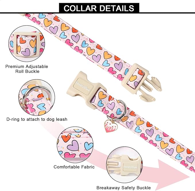 Lionet Paws Valentine's Dog Collar- Cute Spring Sweet Heart Dog Collars with Plastic Buckle, Light Adjustable Dog Collars for Medium Dogs