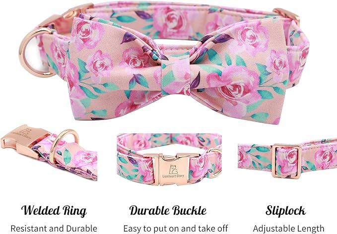 Lionheart glory Floral Rose Print Dog Collar Adjustable Soft Dog Collar with Bowtie, Girl Pet Collars for X-Small Small Medium Large Dogs