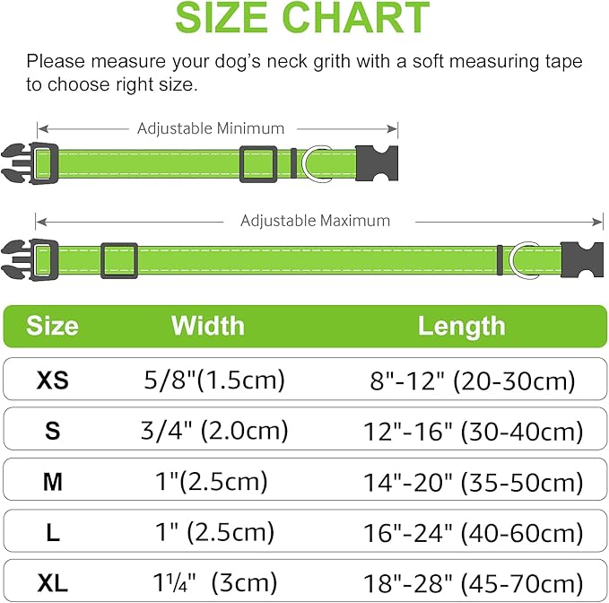 Joytale Reflective Dog Collar,Soft Neoprene Padded Breathable Nylon Pet Collar Adjustable for Large Dogs,Green,L