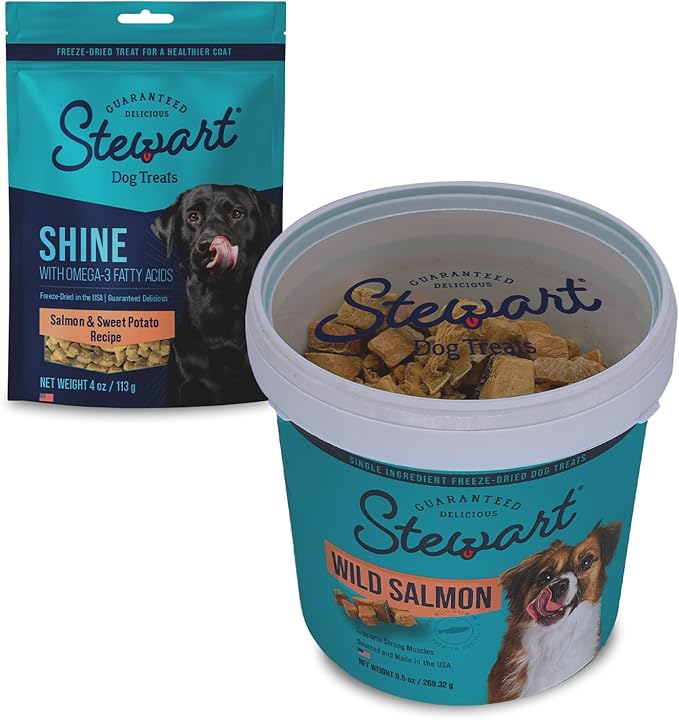 Stewart Freeze Dried Raw Dog Treats, Salmon Variety Pack (Wild Salmon 9.5 Ounce + Shine Salmon & Sweet Potato 4 Ounce), High Protein, Training Treats or Meal Topper