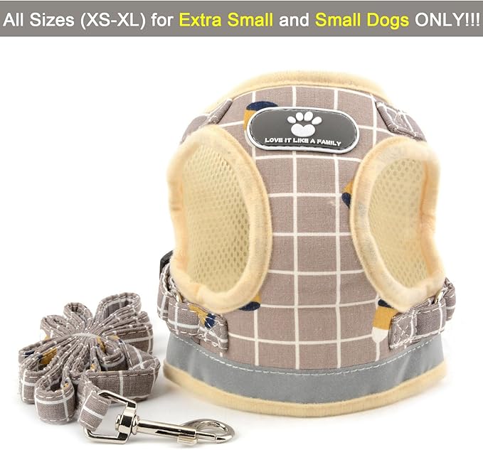 Zunea No Pull Small Dog Harness and Leash Set Adjustable Reflective Step-in Chihuahua Vest Harnesses Mesh Padded Plaid Escape Proof Walking Puppy Jacket for Boy Girl Pet Dogs Cats Khaki XL