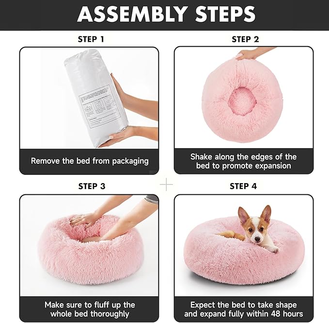OhGeni Calming Donut Dog Bed Pillow for Small Medium Pets, Machine Washable Removable Cover, Comfort Plush Fluffy Faux Fur with Anti-Slip Bottom, Cats-Friendly Round Cuddly Design, Pink, 23 inches