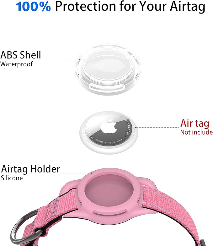 Dog Collar with QR Code, Reflective Dog Collar, Soft Neoprene Padded & Safety Locking Buckle Adjustable Pet Collar (Pink, XS-with Airtag Holder)