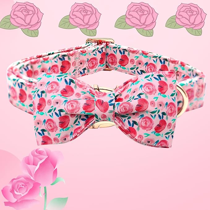 Dog Collar Pink Flowers Print Girl Cute Puppy Collar with Bow Adjustable Metal Buckle Collar Gift Collars for Medium Dogs