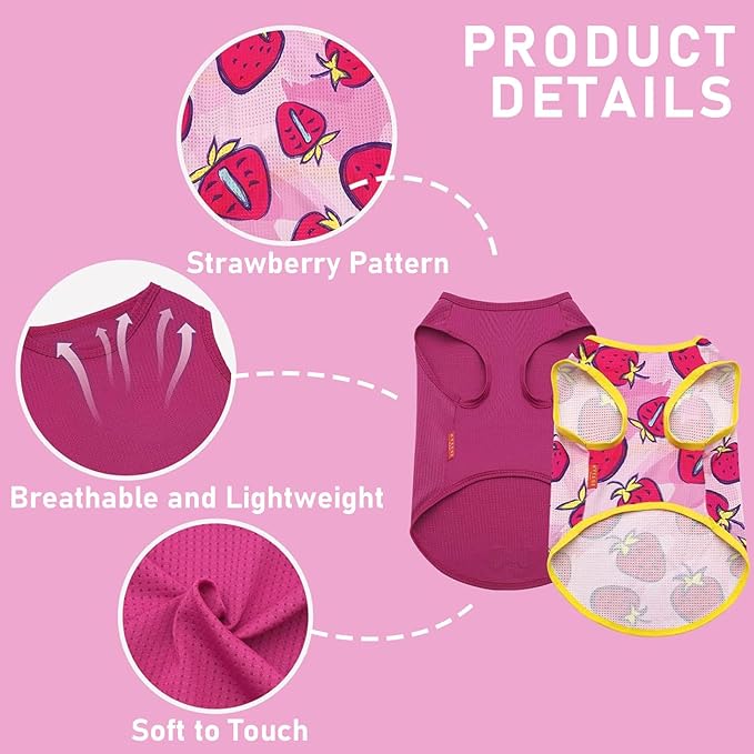 KYEESE 2 Pack Dog Shirt for Small Dogs Quick Dry Lightweight Dog T-Shirts with Reflective Label Tank Top Sleeveless Vest Cat Shirts for Summer UV Protection Strawberry Pattern, Small, Strawberry+Rose