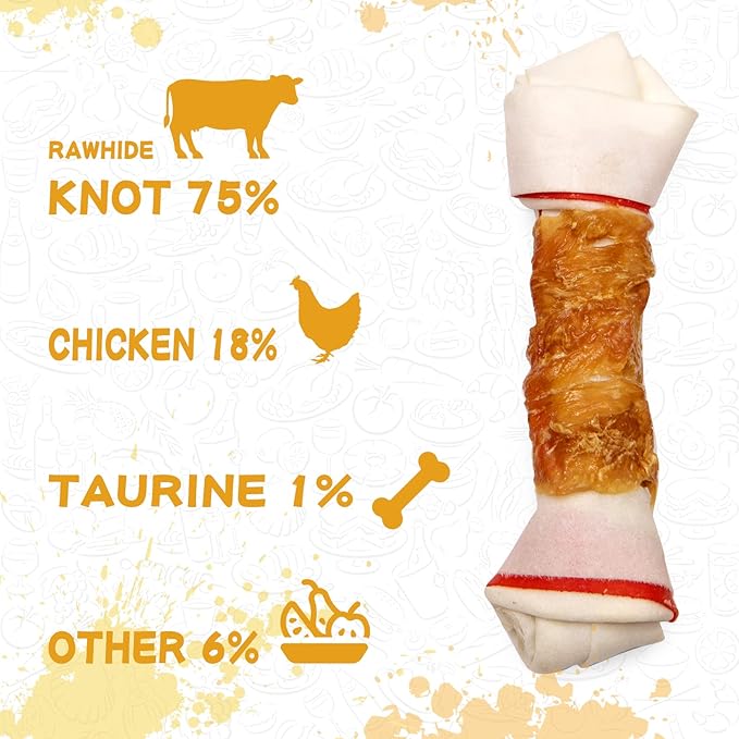 Dog Treat Rawhide Bones with Chicken (6.5 ", 4 pcs), Dog Chews Beefhide Treats w/Taurine, 10.5 oz