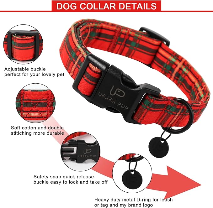 Christmas Dog Collar,Red Plaid Christmas Plaid Pet Collar with Quick Release,Adjustable Red Plaid Puppy Collar for Small Medium Large Dogs,XL