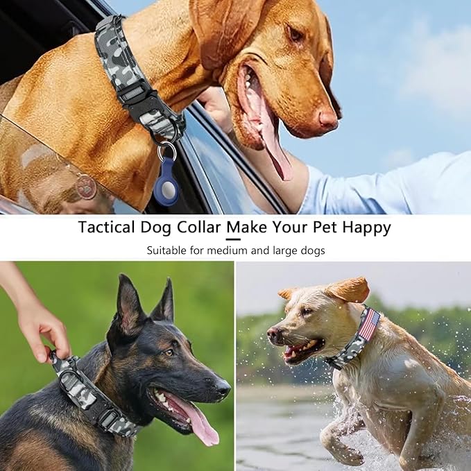 DAGANXI Tactical Dog Collar, Adjustable Military Training Nylon Dog Collar with Control Handle and Heavy Metal Buckle for Medium and Large Dogs, with Patches and Airtags Case (S, Camo)