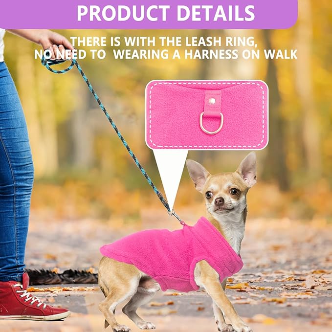 2 Fleece Dog Sweater Vests for Small Dogs - Soft, Warm Pullover with D-Ring, Perfect for Cold Weather; Male or Female, Medium Size (Rose,Purple)