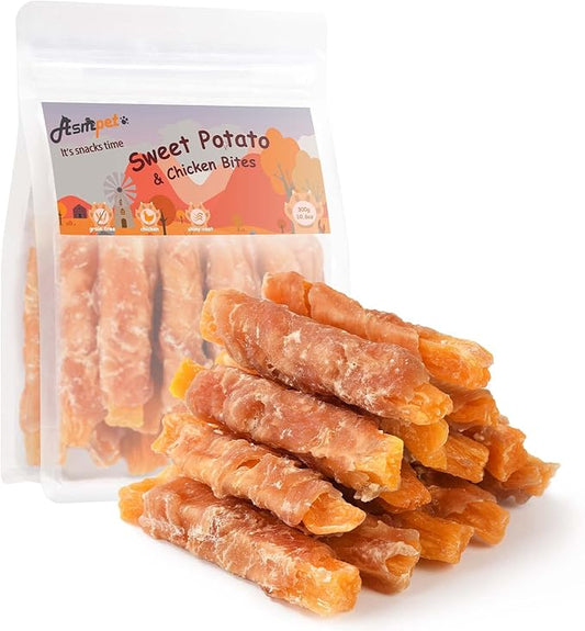 ASMPET Sweet Potato Dog Treats - Chicken Wrapped Fries & Bites, Grain Free Training Snacks for Small to Large Dogs, 10.6 oz