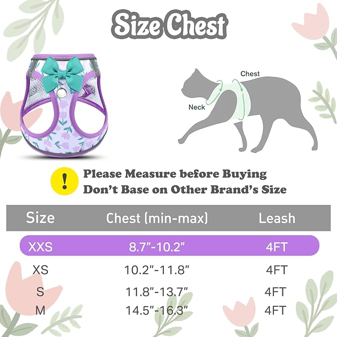 Cat Harness and Leash Escape Proof for Walking, Adjustable Soft Kitten Harness with Reflective Straps Step in Cat Vest Harness for Small Kitten and XS Dogs (Purple, XXS-Chest(8.7"-10.2"))
