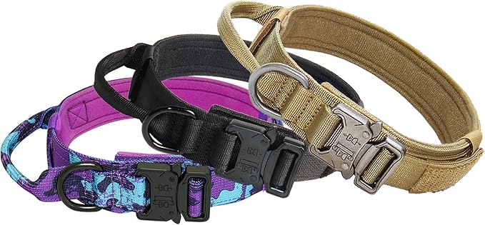 Hotsky Tactical Dog Collar, Adjustable Military Training Nylon Airtag Collar with Handle and Heavy Duty Metal Buckle for Medium Large Dogs, with Airtag Holder and Two Patches(Brown,M)