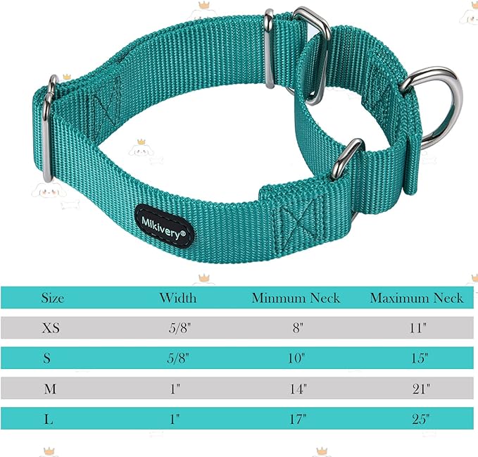Mikivery Martingale Dog Collar Nylon Adjustable and Safety Training Colourful Comfortable Metal Buckle Pet Collars for Small Medium and Large Dogs(Teal,M)