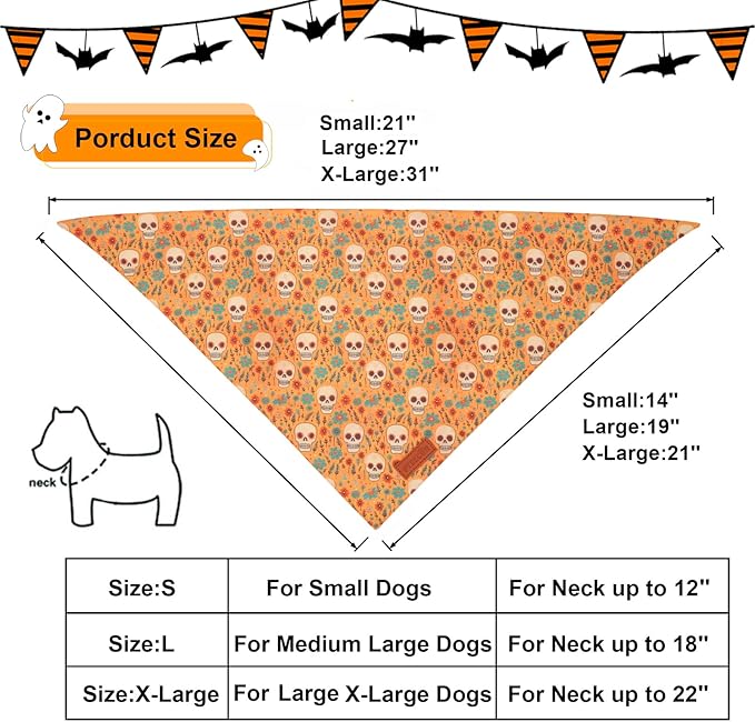 PTDECOR Halloween Dog Bandana, Skeleton Pumpkin Reversible Holiday Dog Scarf, Triangle Halloween Bandanas for Small Dogs Puppies Cats(Small)