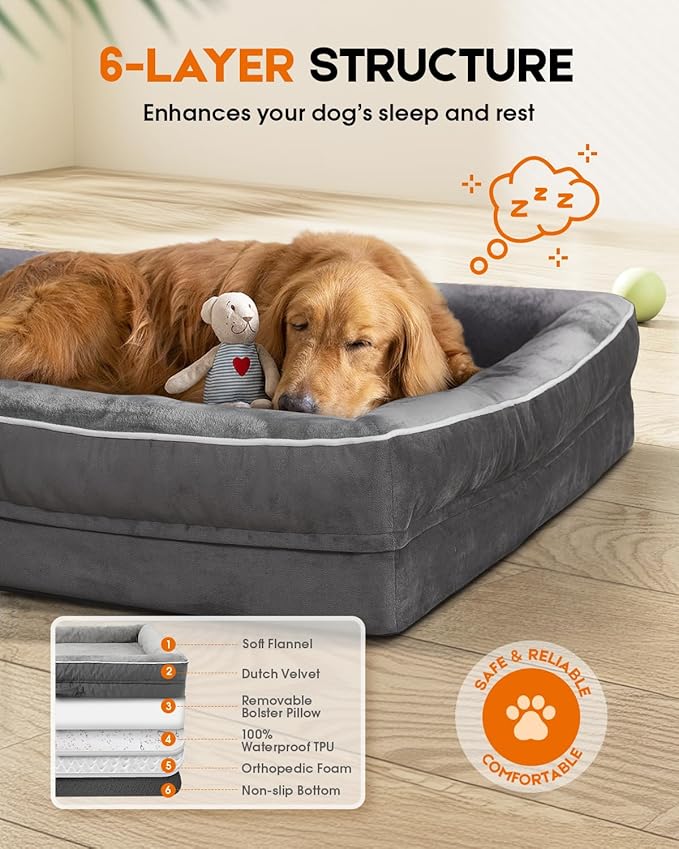 XX-Large Orthopedic Dog Couch for Giants, Waterproof & Non-Slip, Four-Sided Cushion, Gray