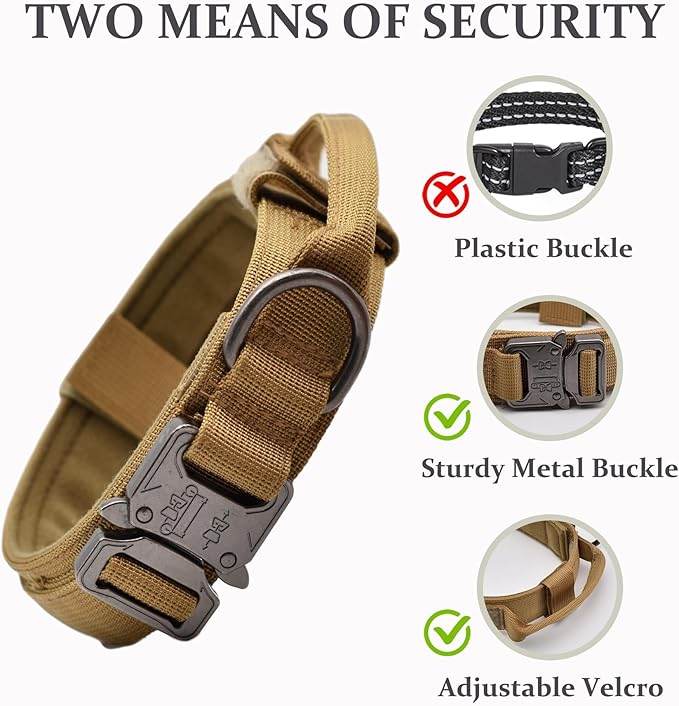 Tactical Dog Collar Set, Adjustable Military Training Nylon Dog Collar with Control Handle and Heavy Quick-Release Metal Buckle for Small Medium Large Dogs, Brown Set L